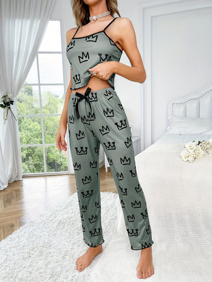 Relaxed Fit Crown Print Pajama Set for Women - Comfortable Round Neck Backless Crop Cami Top & Pants, Soft Summer Nightwear for a Restful Sleep, Breathable Fabric, Easy Care