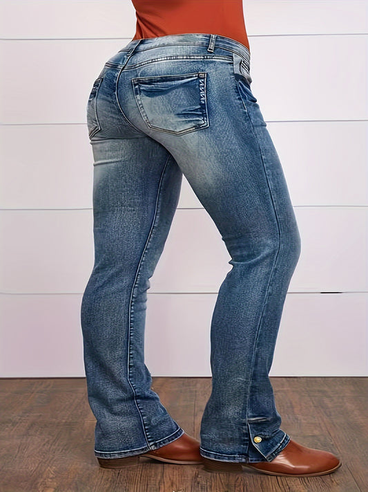 Pantalones vaqueros elásticos de talla grande y ajuste cómodo: botones laterales decorativos, estilo informal, tela suave, corte favorecedor, jeans y ropa de mujer para uso diario