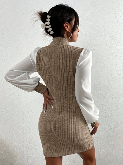 Ribbed Mock Neck Dress, Elegant Long Sleeve Dress For Spring & Fall, Women's Clothing