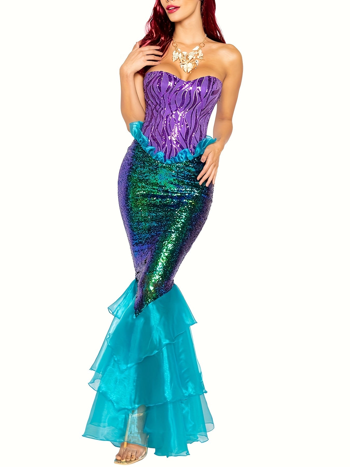 Women's Mermaid Party Costume, Strapless Tube Tops Ruffle Sequin Long Tail Cosplay Fancy Dress