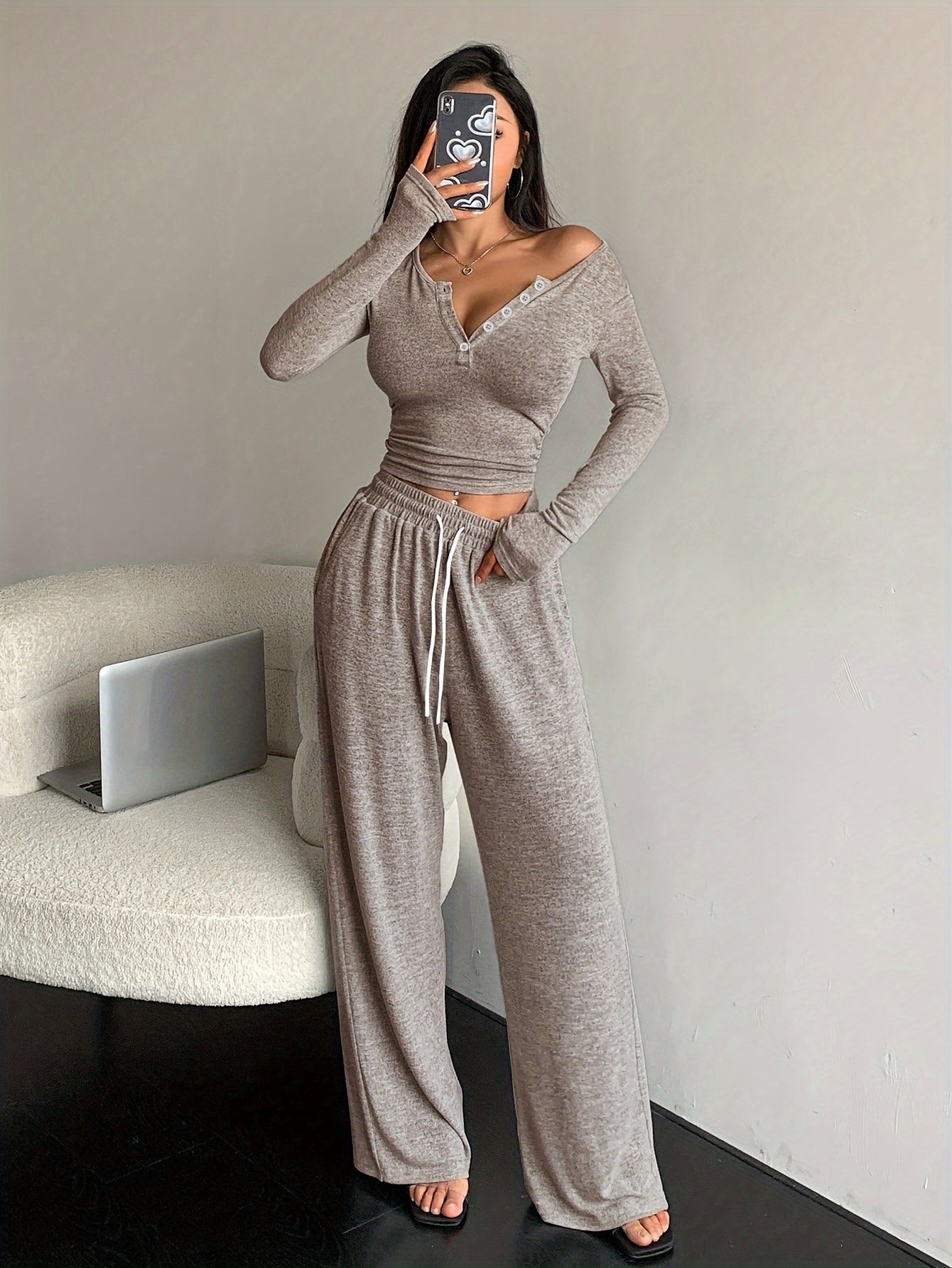 Women's Casual V-Neck Knit Pantsuit Set - Polyester Blend Long Sleeve Button-Top with Drawstring Pocket Pants, Solid Color Two-Piece Outfit for Fall/Winter