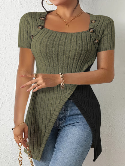 Stylish Plus Size Colorblock Ribbed Sweater - Women's Plus Size Casual Square Neck Short Sleeve