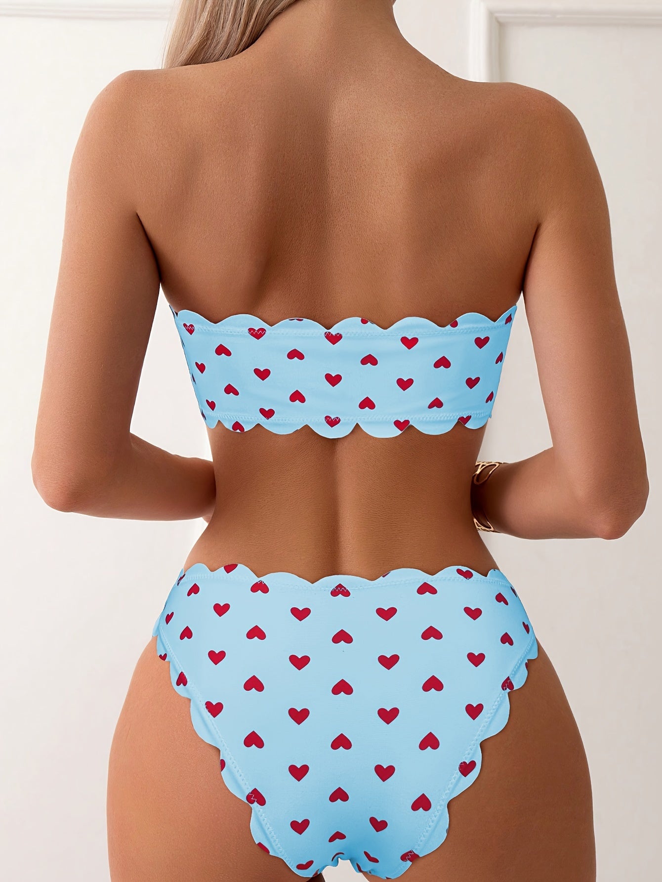 Heart Pattern Bandeau 2 Piece Set Bikini, Tube Top Scallop Trim Tie Front High Cut Swimsuits - Polyester & Spandex