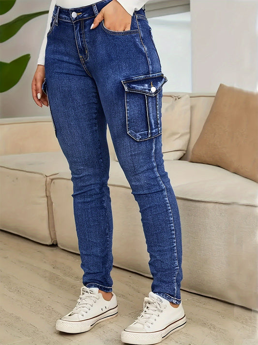 Plus Size Skinny Fit Streetwear Cargo Jeans - Flattering High-Waisted Design, Side Flap Pocket, Comfortable Denim Fabric, Women's Fashionable Denim Pants & Clothing for Casual Daily Wear