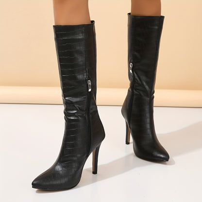 Botas altas hasta la rodilla con tacón de aguja para mujer, tacones altos con cremallera lateral y punta puntiaguda a la moda, botas largas que combinan con todo