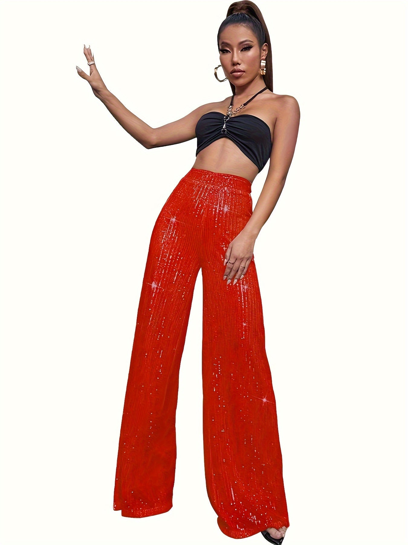 Sequin Decor Wide Leg Pants, Elegant High Waist Loose Pants For Party & Club, Women's Clothing