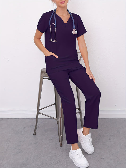 Conjunto médico de dos piezas con cuello en V, manga corta y pantalones elásticos, cómodo y de ajuste cómodo para mujeres | Uniformes médicos duraderos y de fácil cuidado para profesionales de la salud