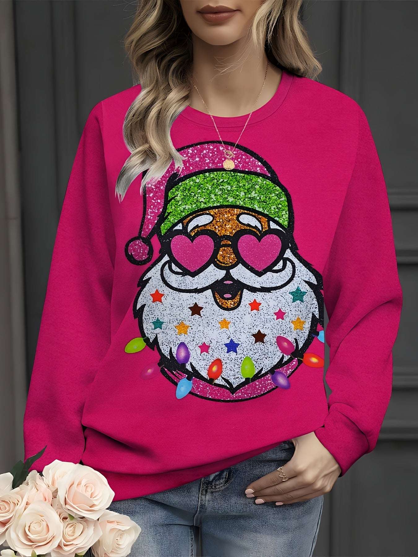 Sudadera de mujer de manga larga con estampado 3D de Papá Noel festivo de 1 pieza, jersey informal de cuello redondo, top festivo brillante y transpirable, ajuste de punto de poliéster, moda de temporada