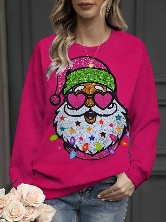 1pc Festive Christmas Santa 3D Print Long Sleeve Women's Sweatshirt, Casual Round Neck Pullover, Breathable Sparkly Holiday Top, Polyester Knit H-Hour Fit, Seasonal Fashion