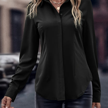 1 camisa elegante con dobladillo curvo e invisible con botones para mujer, cuello de solapa informal