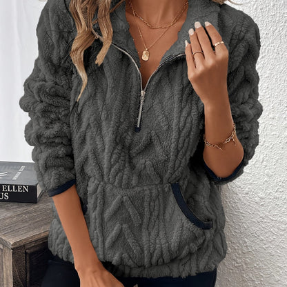 Fashion Fuzzy Sweatshirt, Polyester Knit Fabric, Solid Color, with Lapel Collar and Zipper Detail, for All-Season Comfort Pullover