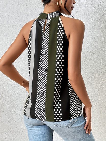 All Over Print Halter Neck Blouse, Casual Sleeveless Blouse For Spring & Summer, Women's Clothing