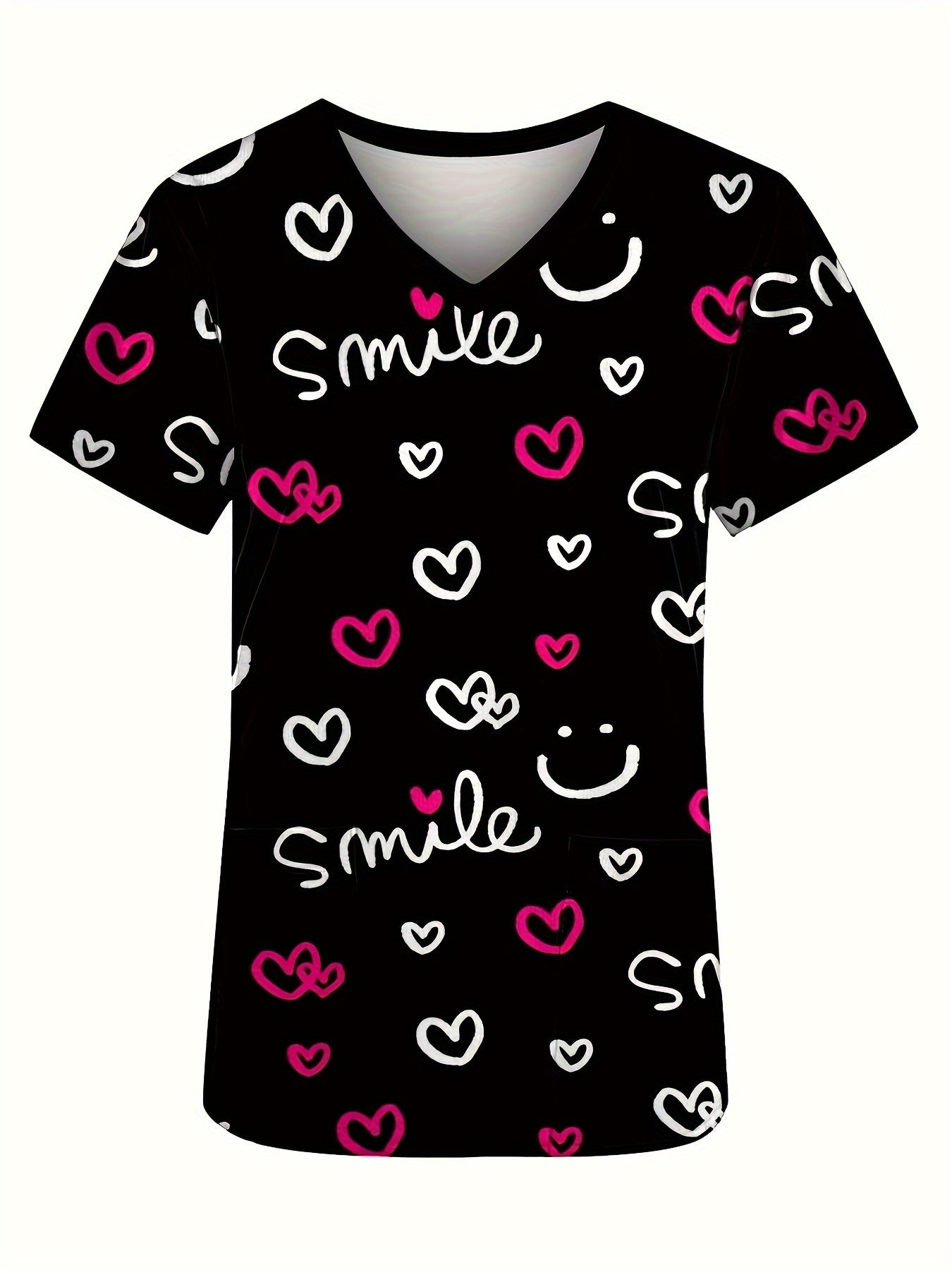 Heart Print Scrub Top, Comfortable & Functional Health Care Uniform Perfect For Working With Children In Hospitals & Dental Office, Women's Work Clothing