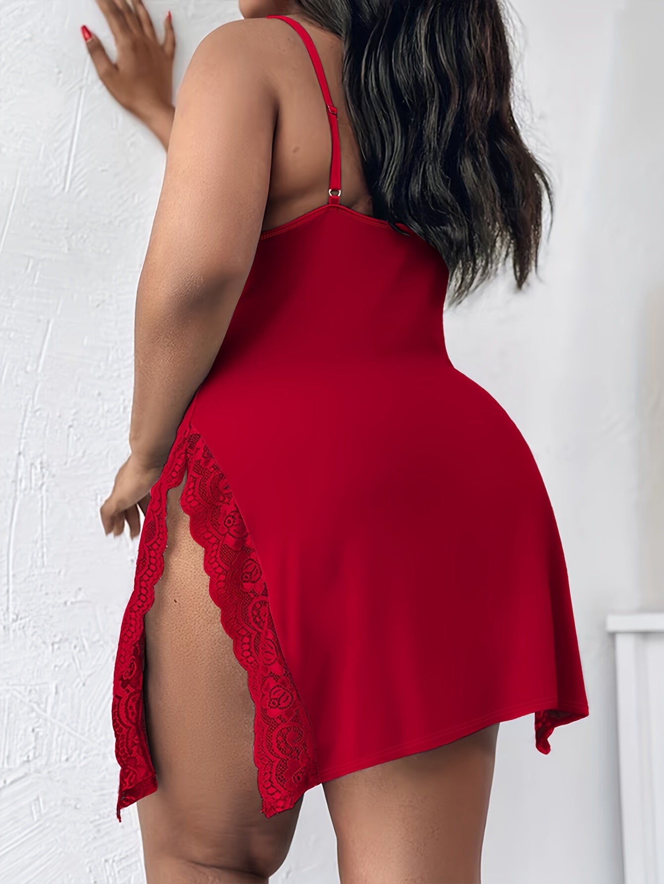 Plus Size Sexy Sleep Dress, Women's Bow Contrast Lace V Neck Side Split Cami Home Dress