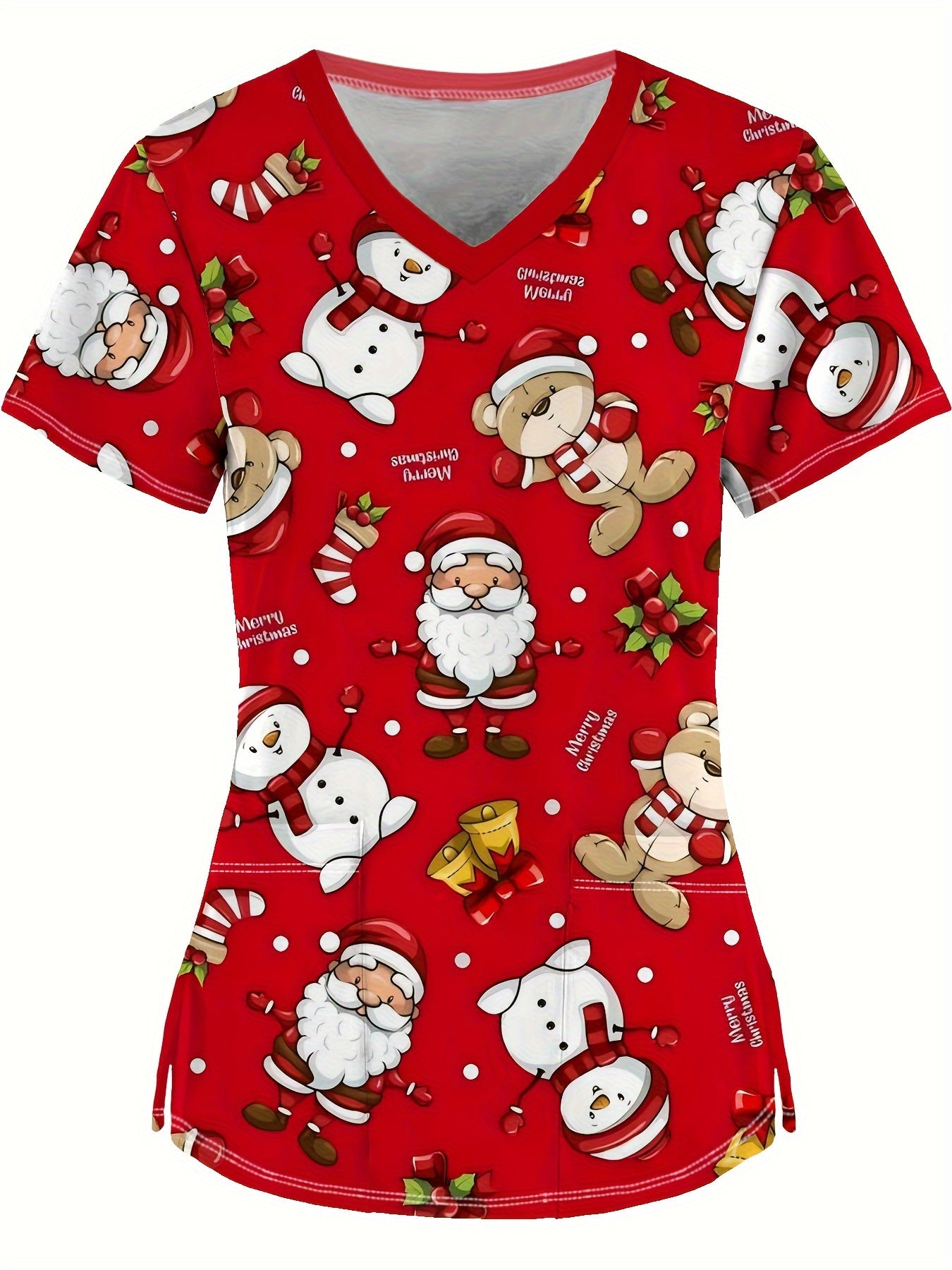 Charming Snowman Print Scrub Top for Women - Comfortable & Stretchy Polyester Blend, V-Neck with Pockets, Ideal for Nurses & Dental Staff