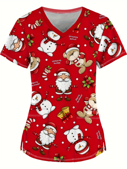 Charming Snowman Print Scrub Top for Women - Comfortable & Stretchy Polyester Blend, V-Neck with Pockets, Ideal for Nurses & Dental Staff