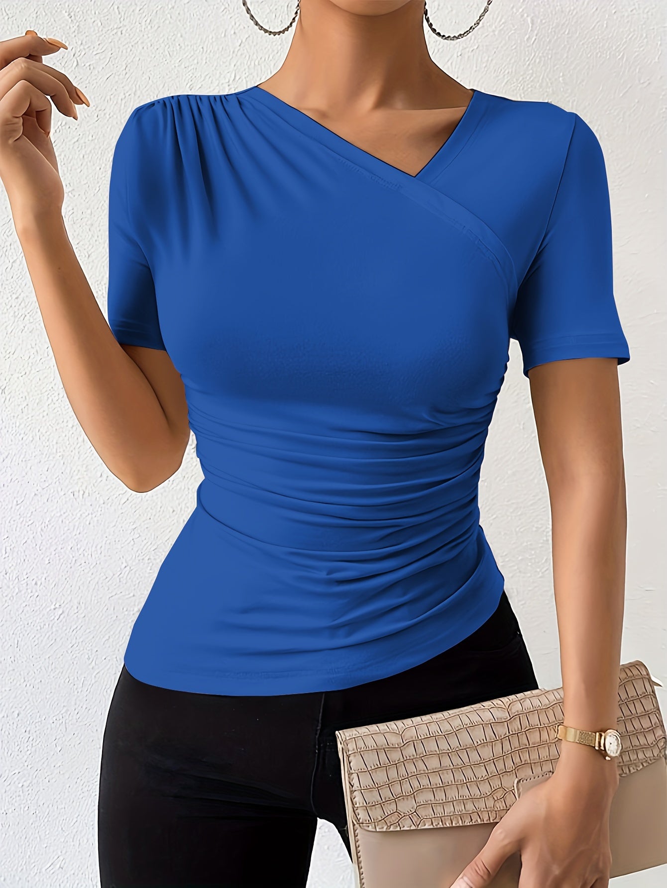 Womens Solid Color Asymmetrical T-Shirt with Ruched Neckline - Chic, Slim-Fitting & Trendy Short Sleeve Top for a Flattering Look