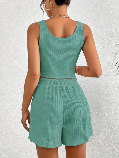 Solid Color Casual Shorts Set, Crop Tank Top & Elastic Waist Shorts Outfit