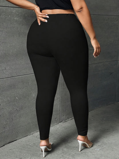 Plus Size Basic Leggings, Solid Elastic High Rise High Stretch