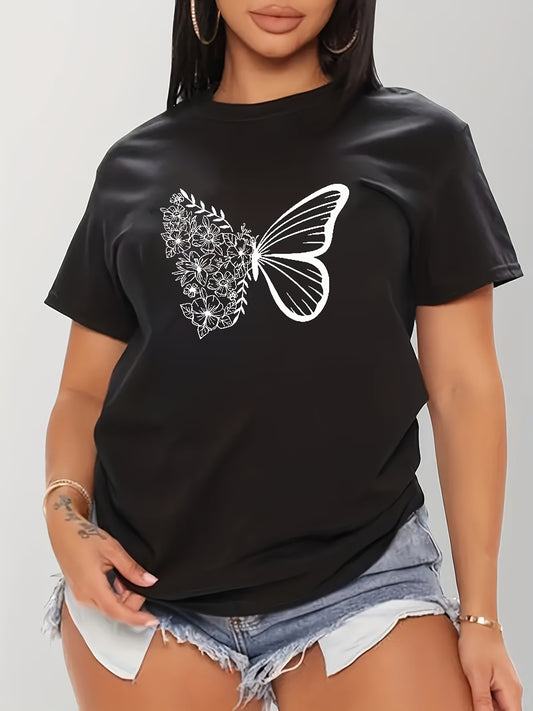 Camiseta de manga corta con cuello redondo y estampado de mariposas - Tejido de poliéster suave de elasticidad media, lavable a máquina, estilo informal para primavera y verano - Ropa de mujer de corte regular para uso diario