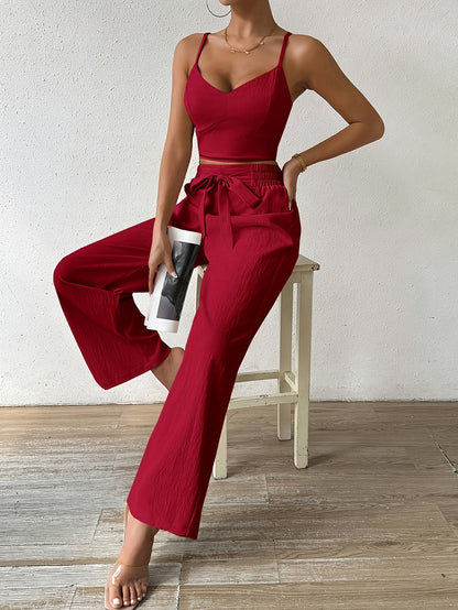 Women's Elegant Solid Color Polyester Off-Shoulder Top and Wide Leg Pants Set