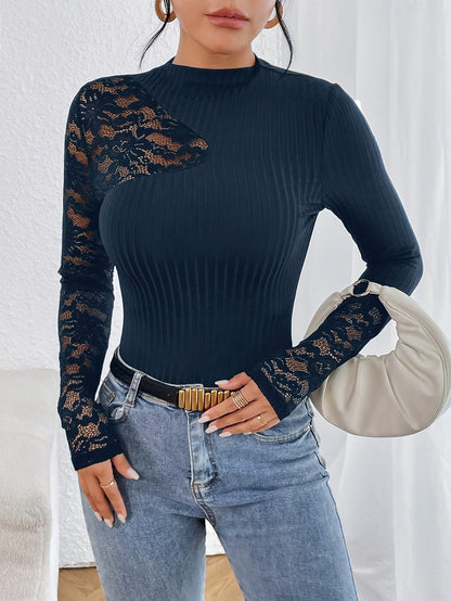 Elegant Lace-Trimmed Knit Top for Women - Slim Fit, Long Sleeve, Round Neck, Semi-Sheer