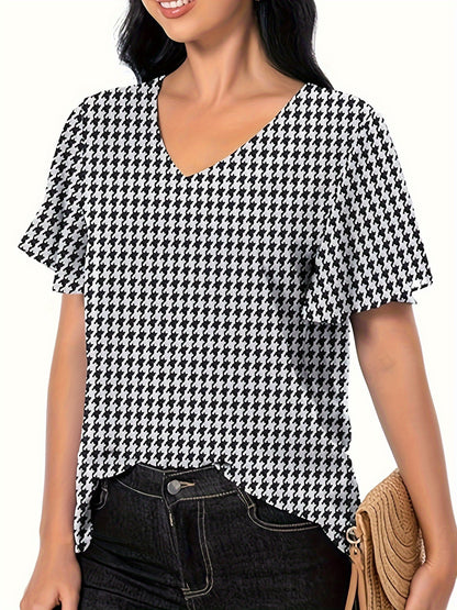 Blusa con escote en V y estampado de pata de gallo, elegante blusa con mangas con volantes para primavera y verano, ropa de mujer