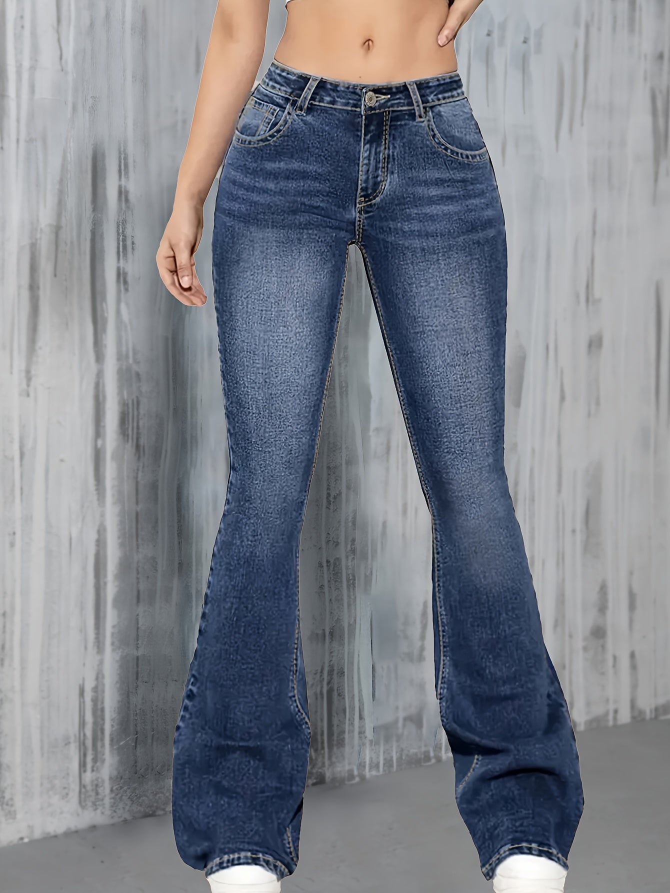 Long Length High-Waist Slim Fit Flared Blue Denim Jeans - Stretchy, Washed, Button Fly, Street Style Bell Bottom Pants for Weekend Casual - Machine Washable, All-Season Wear