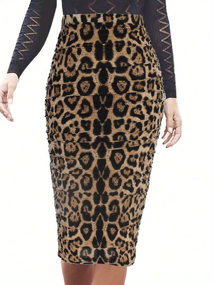 Sexy Polyester Blend Bodycon Midi Dress With Spandex, Leopard Print, All-Season, Machine Washable, Random Print