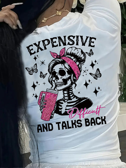 Camiseta de manga corta con cuello redondo y estampado de letras y calaveras vibrantes: prenda informal cómoda para mujer, perfecta para verano y primavera, ajuste relajado, tela de alta calidad, fácil cuidado, elegante camiseta gráfica para uso diario