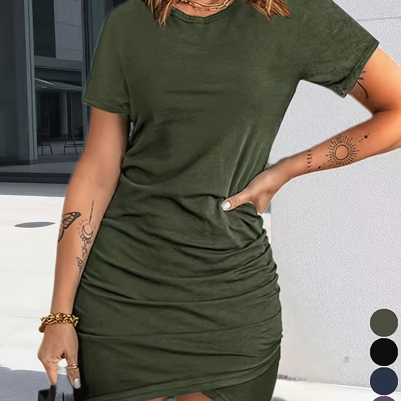 Women's Casual Short Sleeve Round Neck Dress - Stretchy Polyester Blend, Ruched Detail