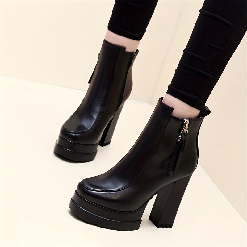 Stylish Faux Leather Block Heel Boots - Women's Fashion Shoes with Side Zipper, Solid Color, Dress Boots Style - Comfortable and Versatile Footwear for Any Occasion - LuxyXO