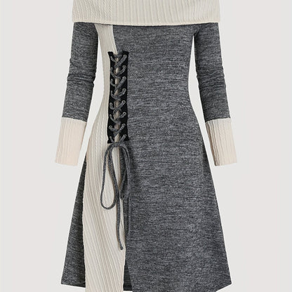 Color Block Textured Off Shoulder Aline Dress, Vintage Cross Tie Front Swing Dress For Spring & Fall, Women's Clothing