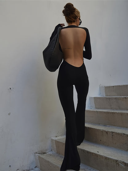 Black Simple Casual High Elastic Tight Sexy Backless Long-Sleeved Straight-Leg Wide-Leg Jumpsuit