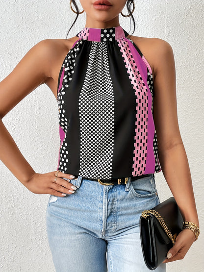 All Over Print Halter Neck Blouse, Casual Sleeveless Blouse For Spring & Summer, Women's Clothing