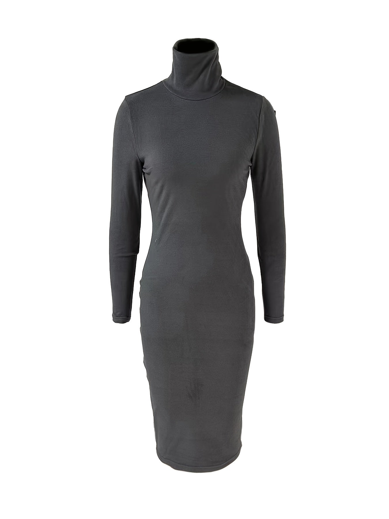 Midi Bodycon Solid Turtleneck Long Sleeve Dress - Elegant, Versatile, and Comfortable for Spring and Fall - Machine Washable, Mid-Elasticity, Polyester Fabric