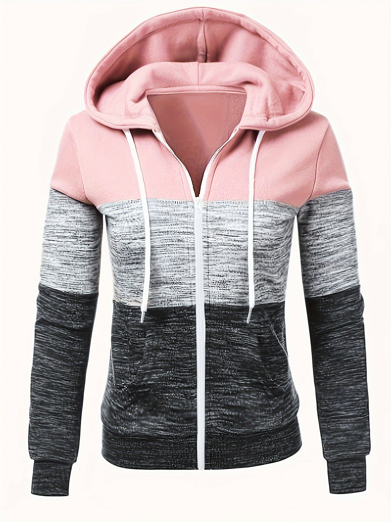 Sudadera con capucha y cremallera para todas las estaciones para mujer: sudadera informal de punto de manga larga con diseño de bloques de colores moderno