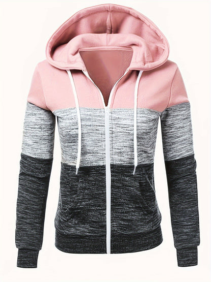 Sudadera con capucha y cremallera para todas las estaciones para mujer: sudadera informal de punto de manga larga con diseño de bloques de colores moderno