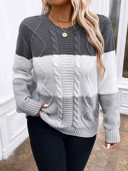 Elegant Plus Size Colorblock Cable Knit Sweater for Women - Casual Long Sleeve Round Neck Pullover