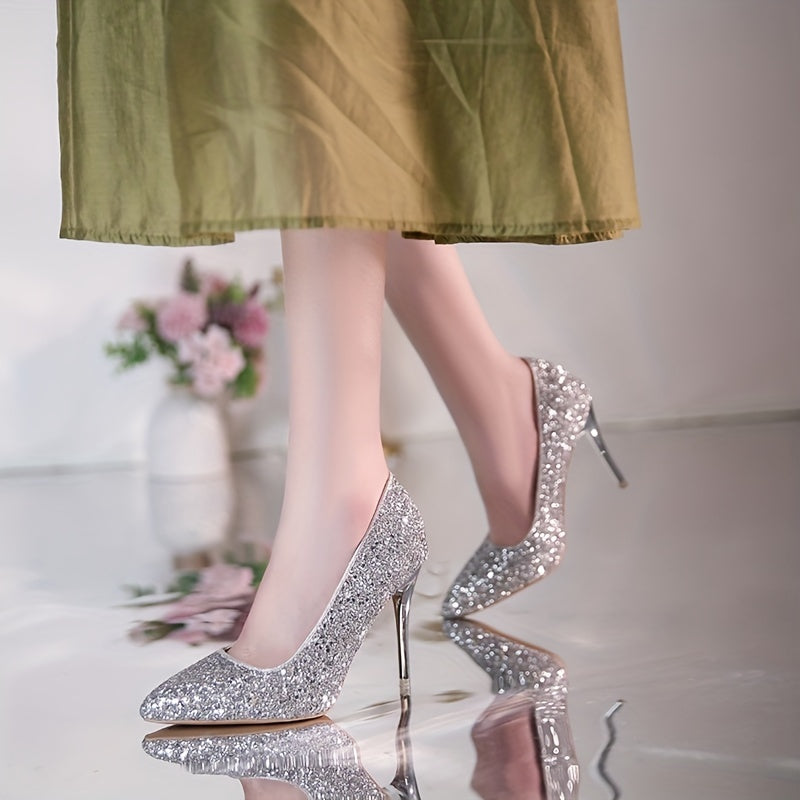 Women's Glitter High Heels, Sparkly Sequins Pointed Toe Wedding Stilettos, Party & Dress Prom Shoes for Music Festival