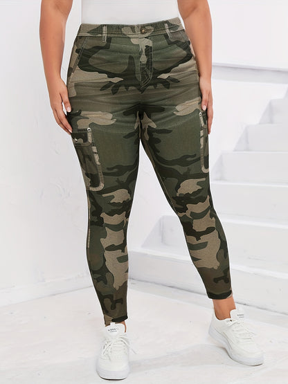 Leggings ajustados con estampado de camuflaje de talla grande y elásticos: leggings de cintura alta, cómodos, suaves y transpirables para primavera y verano: ropa de talla grande para mujeres con curvas