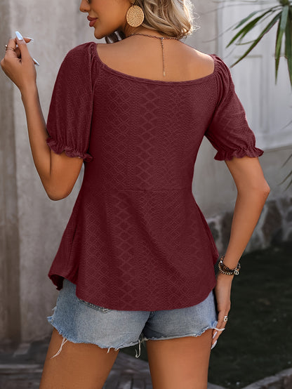 Camiseta sin espalda con lazo en la parte delantera, manga corta favorecedora, corte relajado, tejido transpirable, perfecta para primavera y verano, ropa informal para mujer, prenda esencial para actividades al aire libre