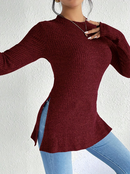 Camiseta de cuello redondo con abertura y canalé, elegante top ajustado de manga larga para primavera y otoño, ropa de mujer