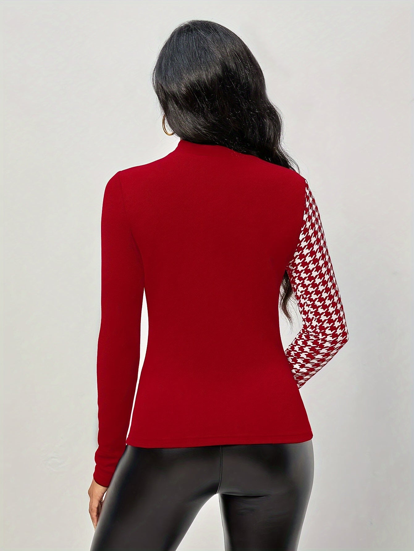 Elegant Houndstooth Mock Neck Blouse: Slim Fit, Long Sleeve Top