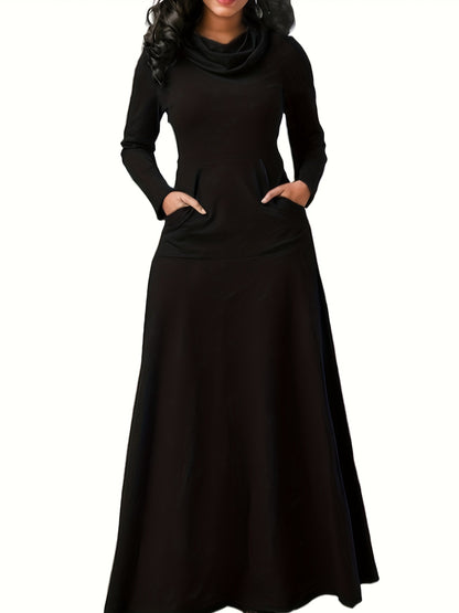 Plus Size Comfort Maxi Dress - Casual Turtleneck with Pockets, All-Season High Stretch & Machine Washable