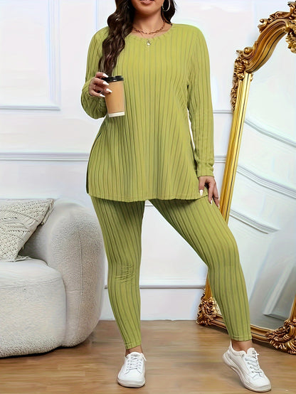 Plus Size Two-Piece Set - Soft Slight Stretch Crew Neck Long Sleeve Split Top and Cozy Pants Outfit - Machine Washable, Customized Casual Wear for Women