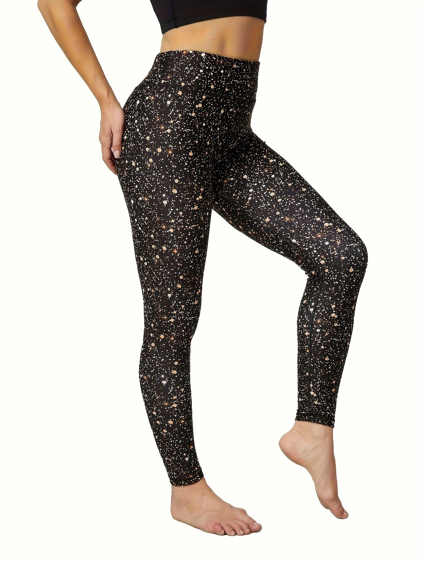 Women's High-Waist Yoga Leggings with Tummy Control, Butt Lift & Zipper Pocket - Golden Dust Print, Stretchy Activewear for All Seasons