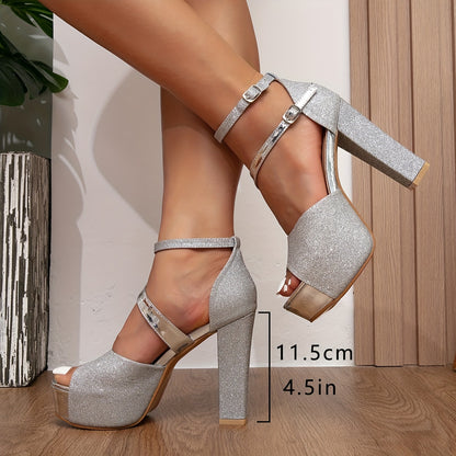 Sandalias glamorosas y brillantes: tiras brillantes en los tobillos, detalle de hebilla, tacones gruesos con plataforma, adornos de lentejuelas, elegantes zapatos de fiesta para banquetes, ocasiones elegantes y salidas nocturnas.