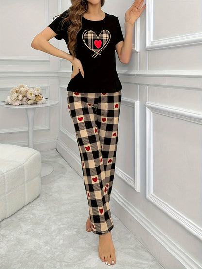 Cozy Heart Plaid Print Pajama Set for Women - Soft, Relaxed Fit, Short Sleeve Crew Neck Top & Pants