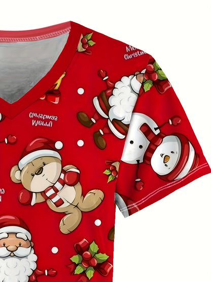 Charming Snowman Print Scrub Top for Women - Comfortable & Stretchy Polyester Blend, V-Neck with Pockets, Ideal for Nurses & Dental Staff